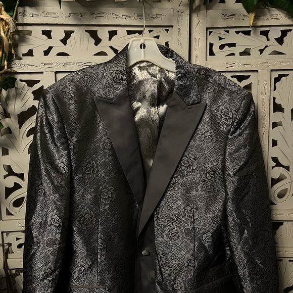 MIGUEL WILSON (MENS 56) (WOMENS 16/18) BLACK & GREY SLICK FLORAL JACQUARD BLAZER - Picture 2 of 12